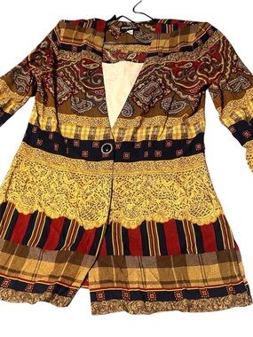 Boho Patchwork Paisley’n Lace-Trim Blazer in Mustard, Navy & Red (Shdr pads)